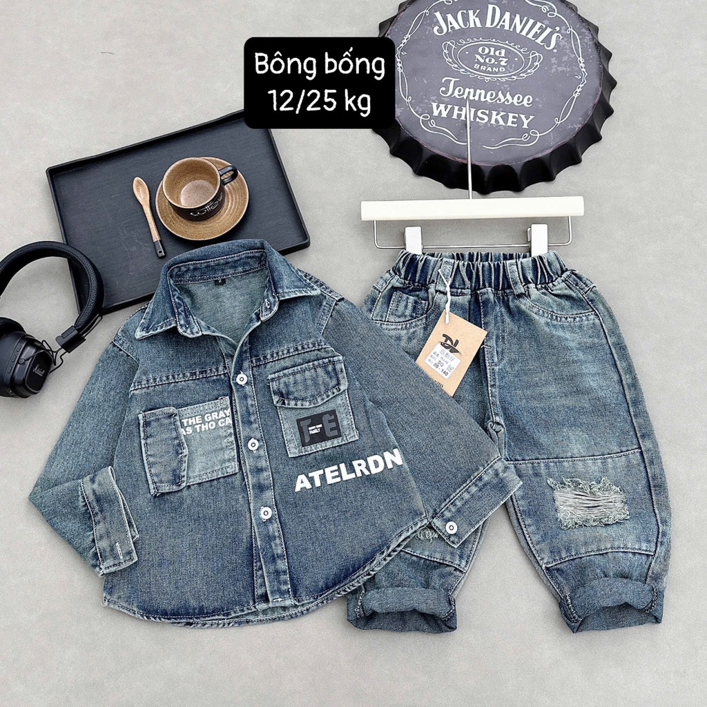 T307-Set jean sơ mi túi hộp màu bụi