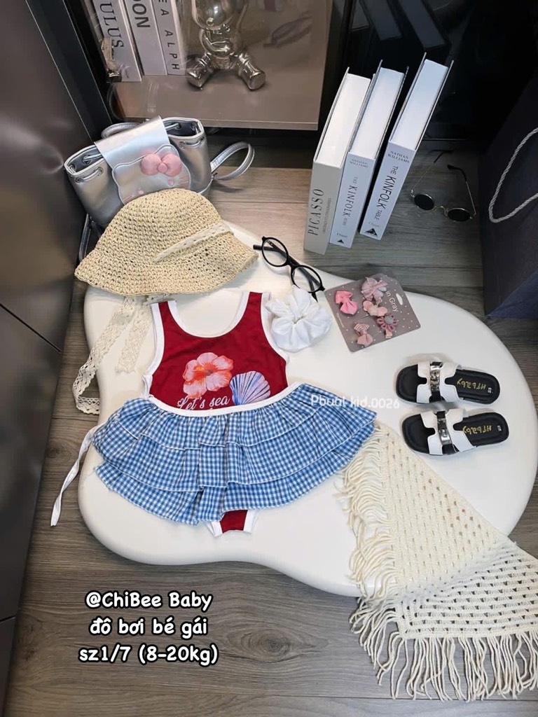 DB006-Set đồ bơi đỏ cv caro xoè (08.20kg)