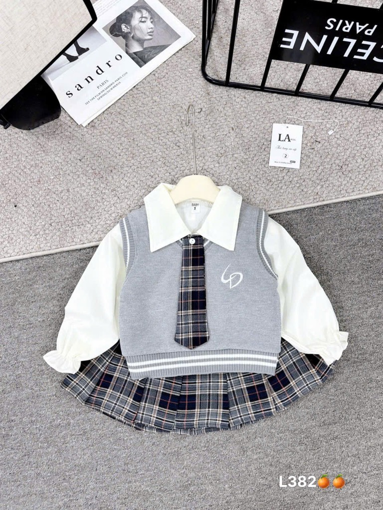 G282-Set áo smi gile xám cv caro