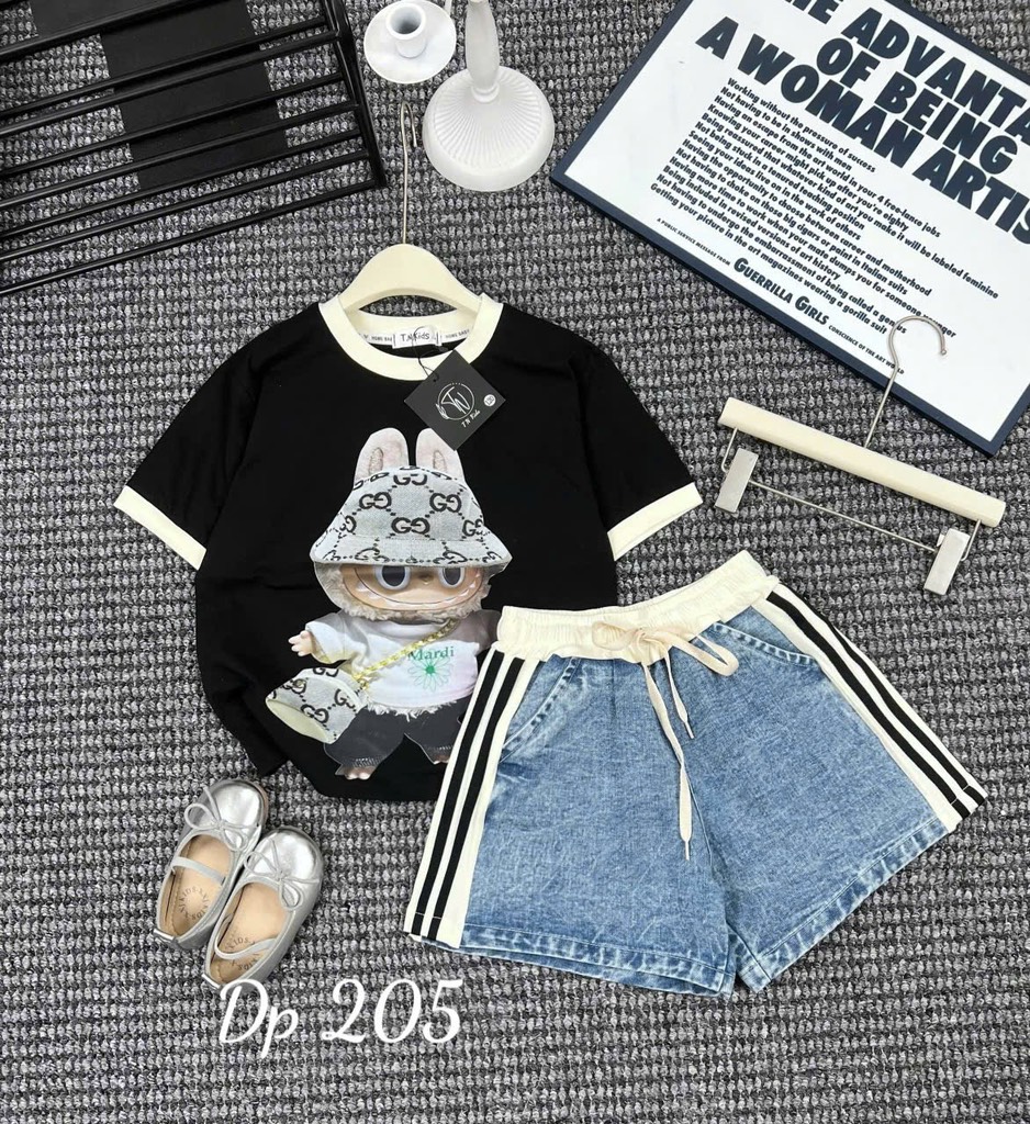 G266-Set áo cotton quần jean đùi labubu