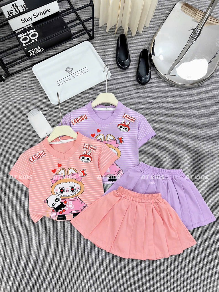 G217-Set áo tim kẻ cv xếp ly labubu