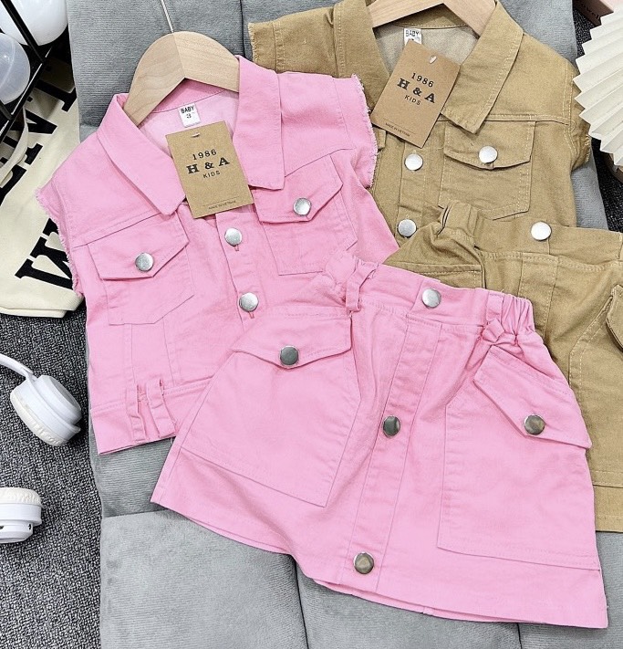 G079-Set jean hồng sát nách bấm khuy