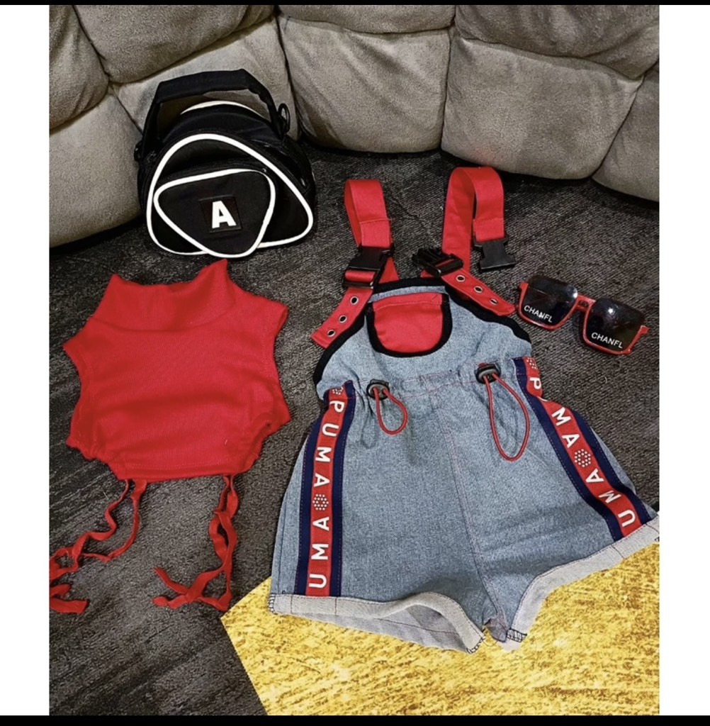 G089-Set yếm 2 dây jean đỏ cá tính