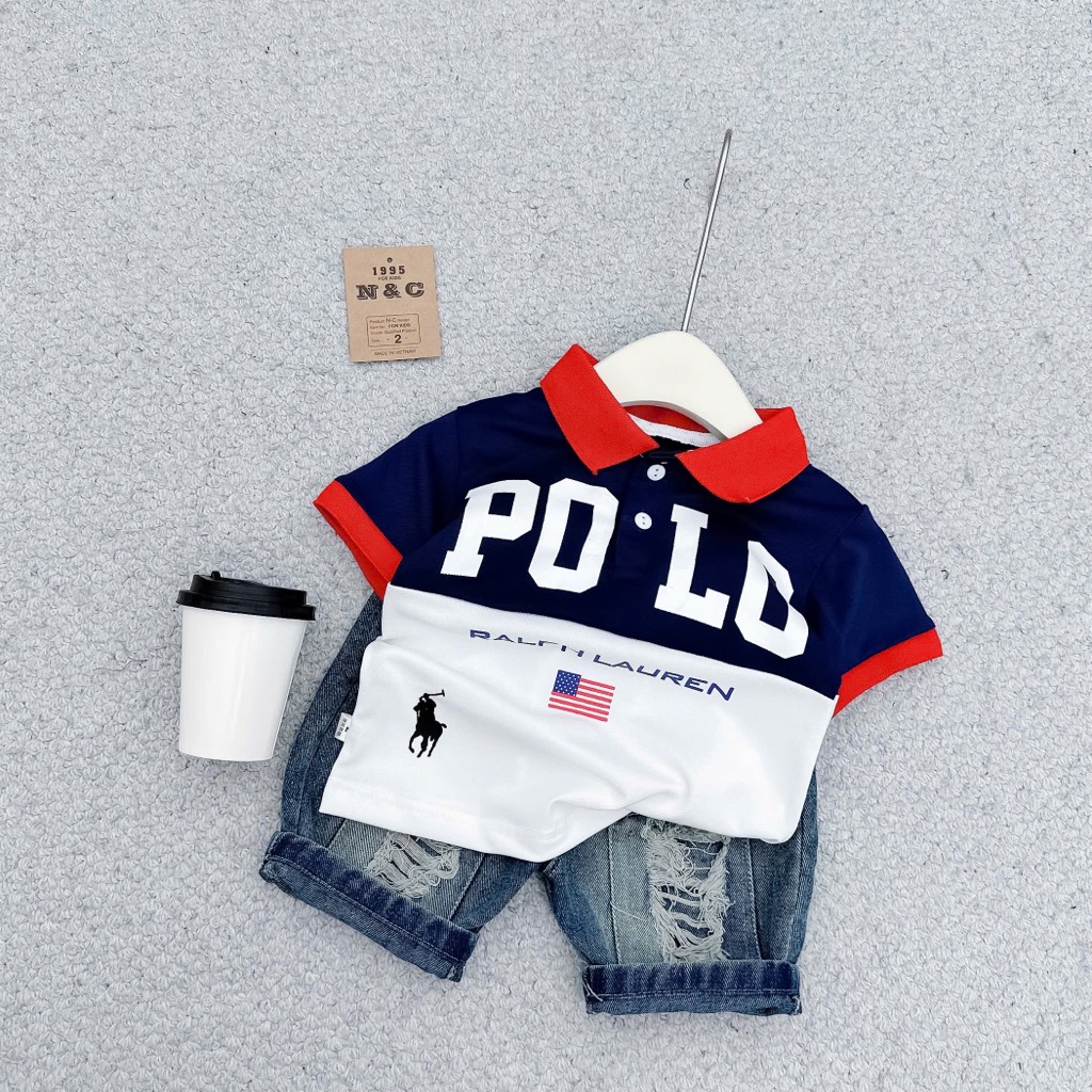 T277-Set POLO cổ bẻ phối xanh đỏ quần jean