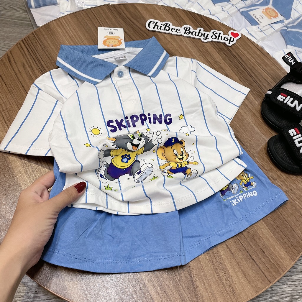 T761-Bộ polo cotton mèo Tom kẻ xanh (11.30kg)