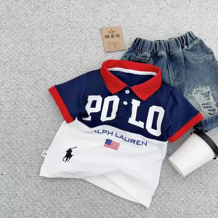 T277-Set POLO cổ bẻ phối xanh đỏ quần jean