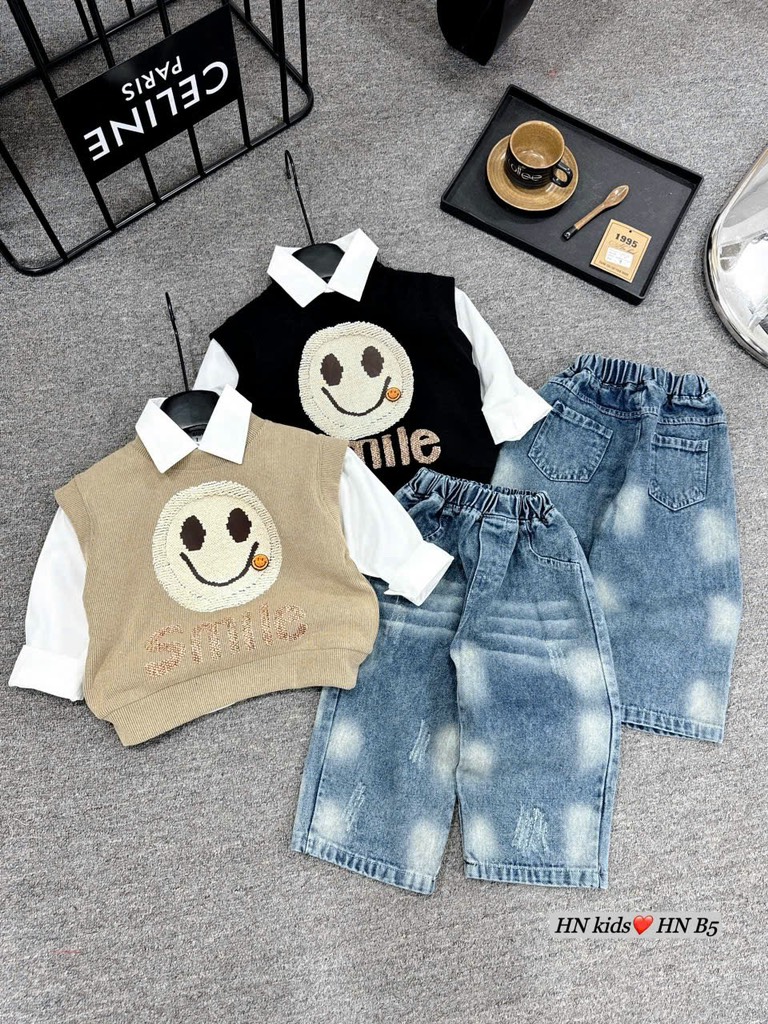 T276-Set sơ mi gile nâu mặt cười quần jean