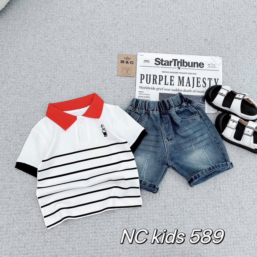 T282-Set áo cổ bẻ sọc gấu quần jean