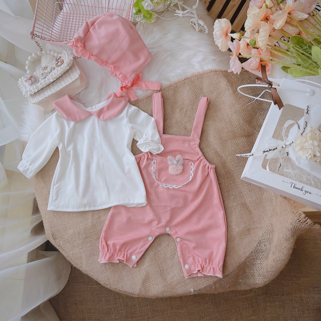G065-Bodysuit 3 món áo yếm mũ hồng