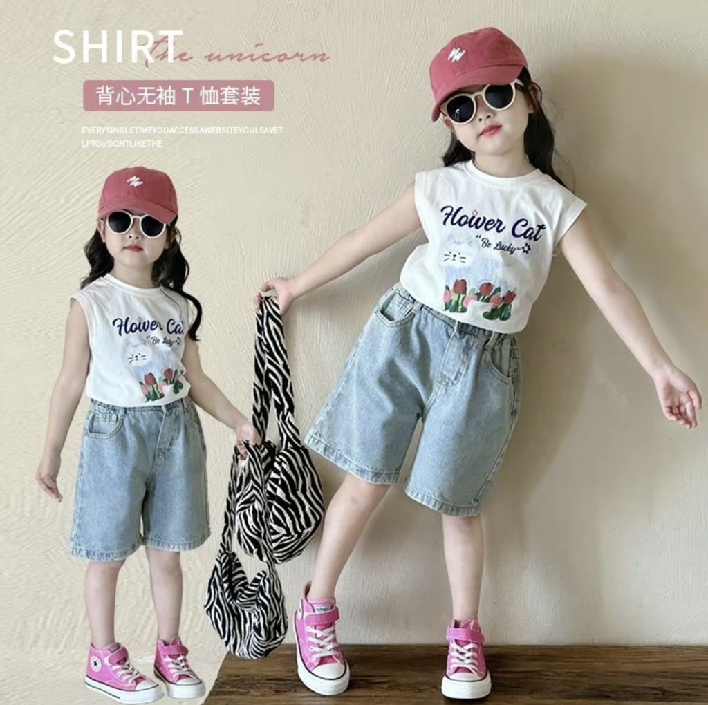 G574-Set áo SN mèo xanh jean ngố (08.20.385)