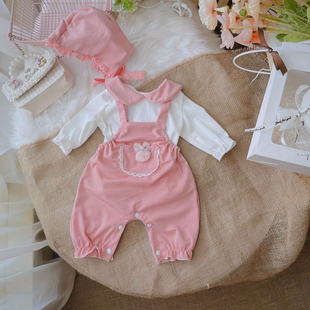 G065-Bodysuit 3 món áo yếm mũ hồng