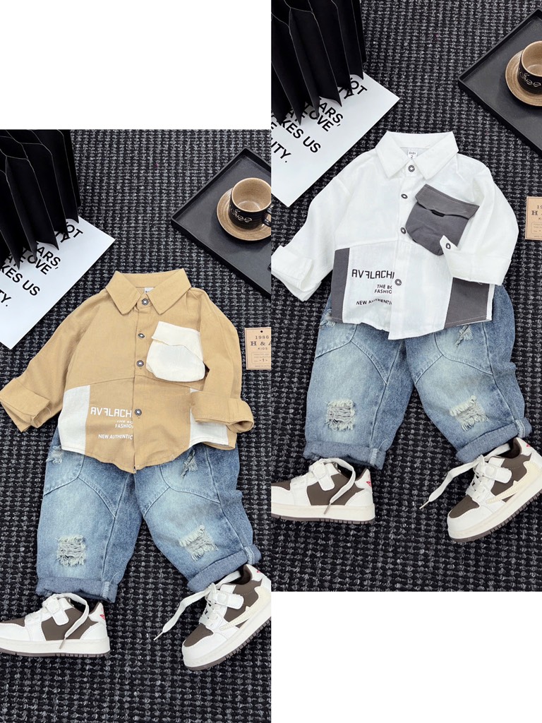 T247-Set sơ mi đũi túi hộp quần baggy jean