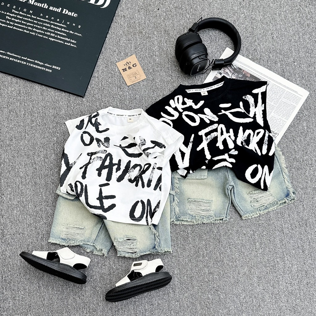 T160-Set sát nách in chữ loang quần jean rách (10-26kg)