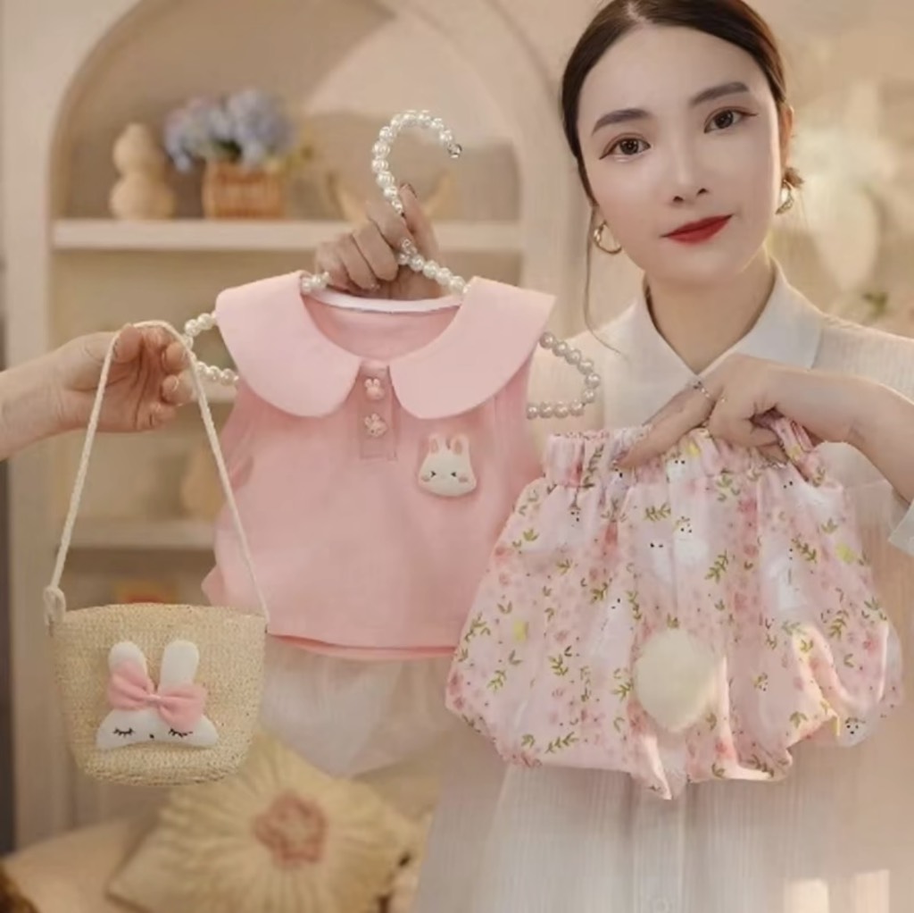 G535-Set áo thỏ hồng quần bí (07.16.756)
