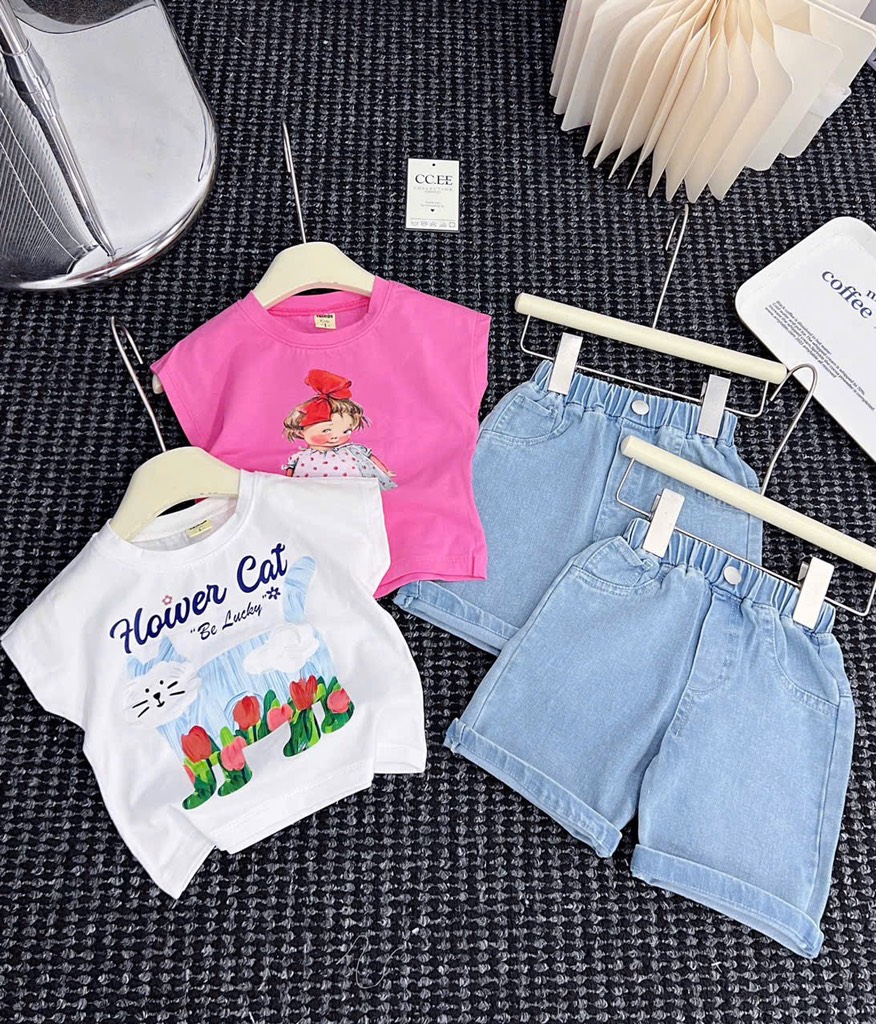 G574-Set áo SN mèo xanh jean ngố (08.20.385)