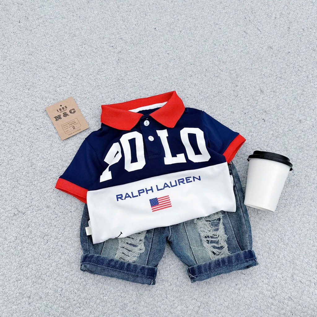 T277-Set POLO cổ bẻ phối xanh đỏ quần jean