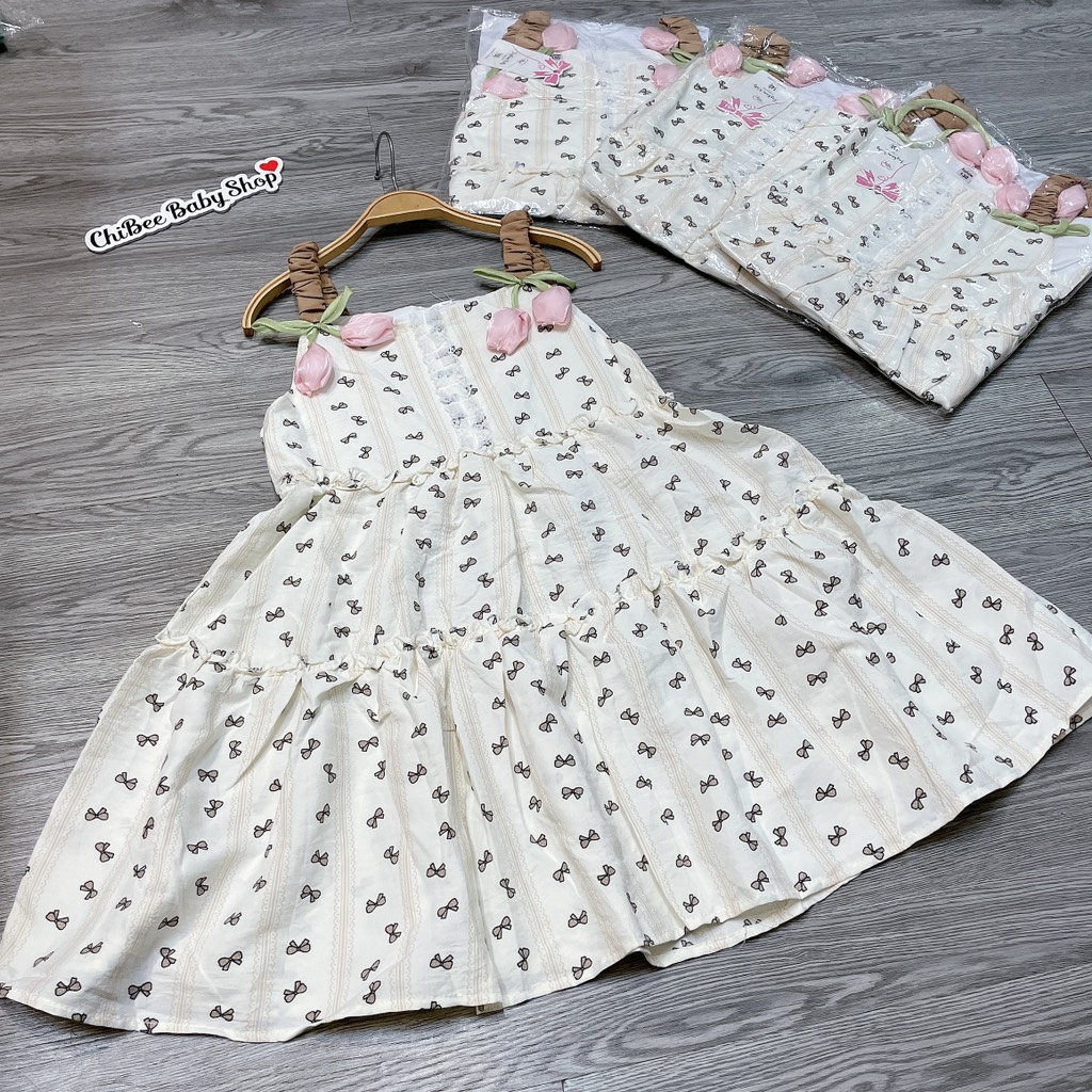 V456-Váy đũi tulip 2 dây nơ nâu (20.25kg)