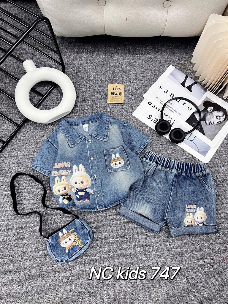 T309-Set sơ mi jean đùi Labubu kèm túi