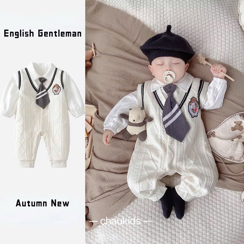 BD042-Body dài len mỏng cà vạt bé trai