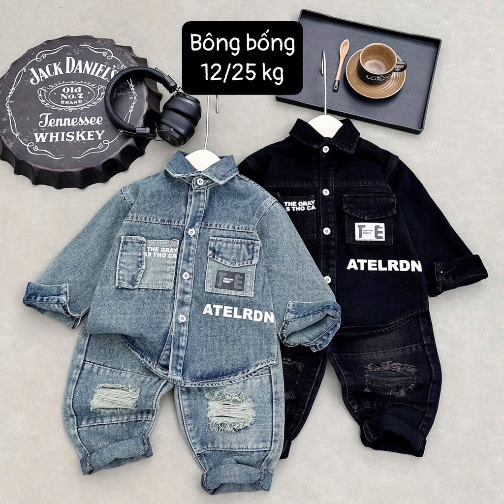 T307-Set jean sơ mi túi hộp màu bụi