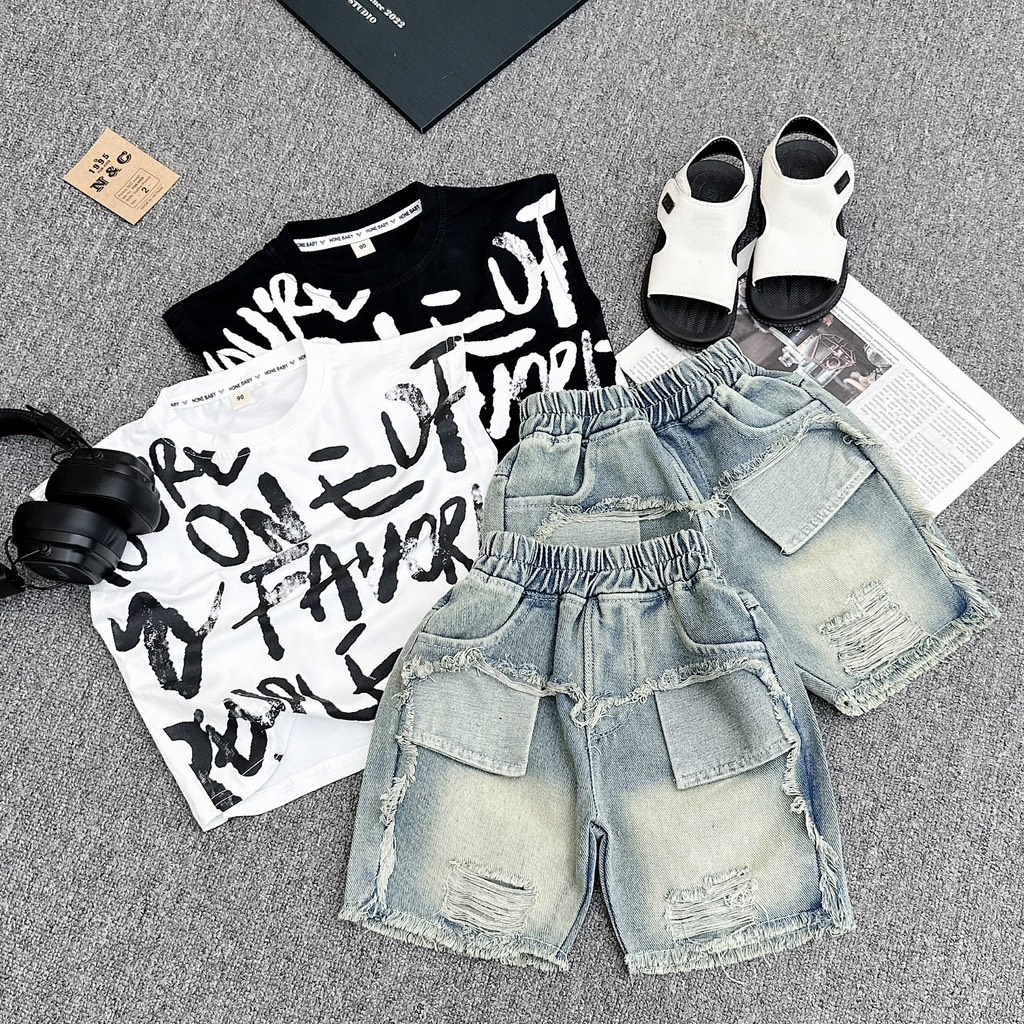 T160-Set sát nách in chữ loang quần jean rách (10-26kg)
