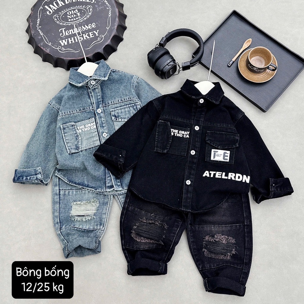 T307-Set jean sơ mi túi hộp màu bụi