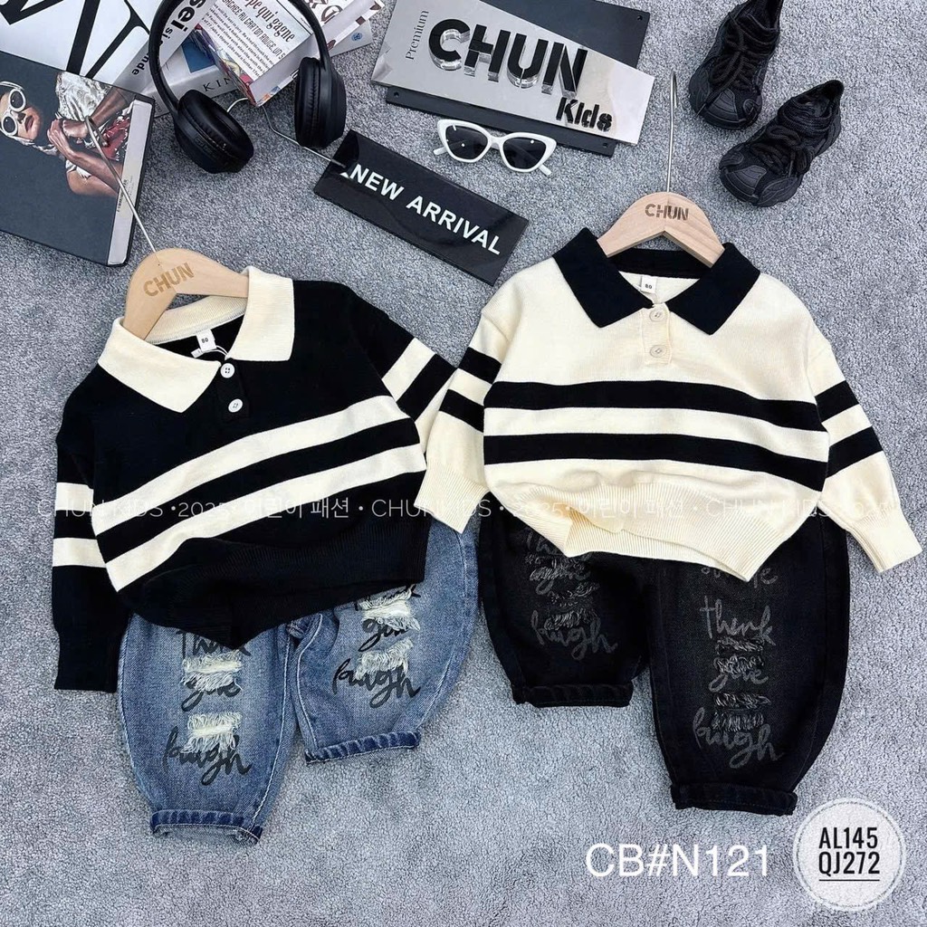 T245-Set áo nỉ kẻ cổ bẻ quần jean baggy