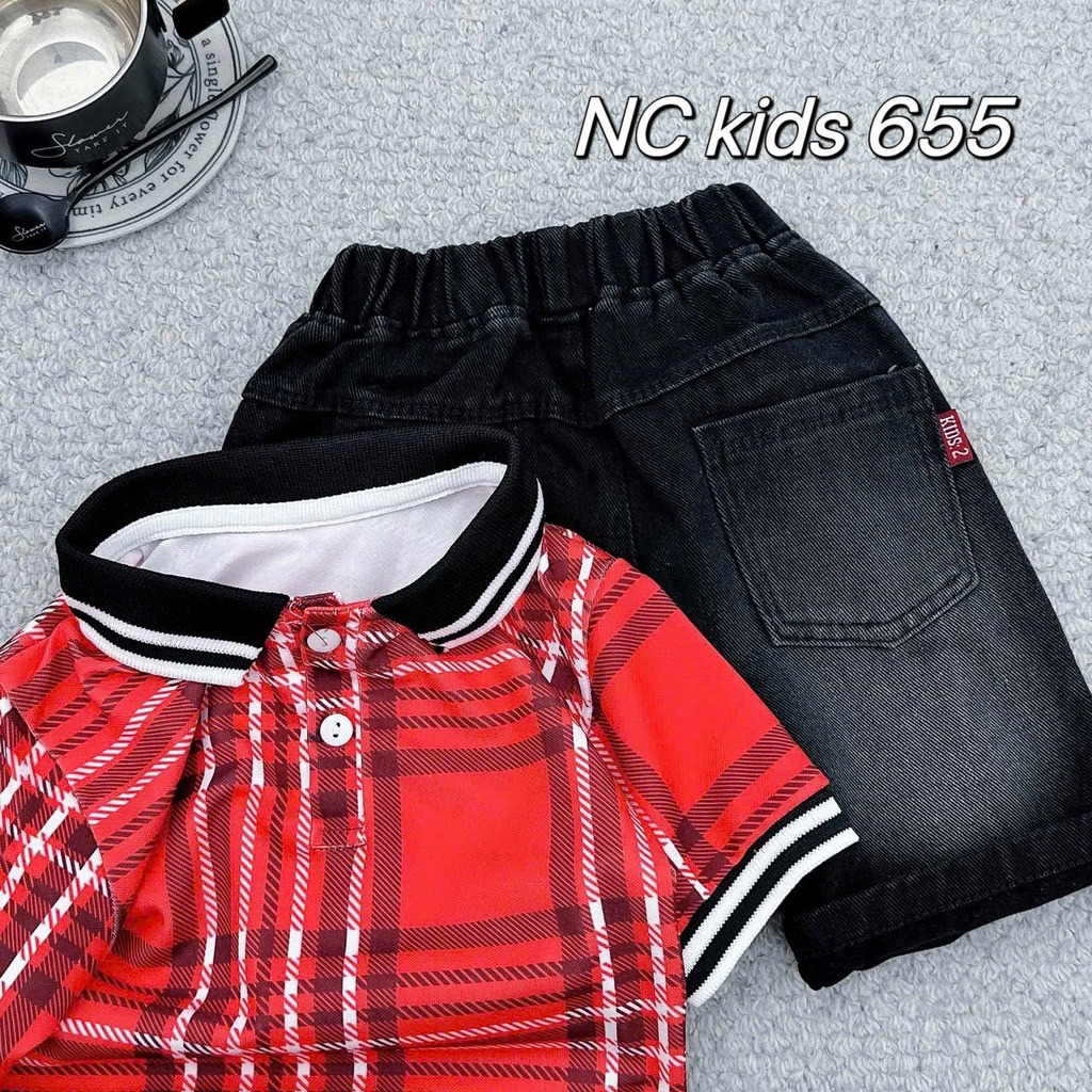 T266-Set jean áo polo caro đỏ 10S1-10