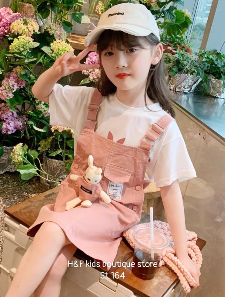 G081-Set áo cotton yếm gấu hồng đại
