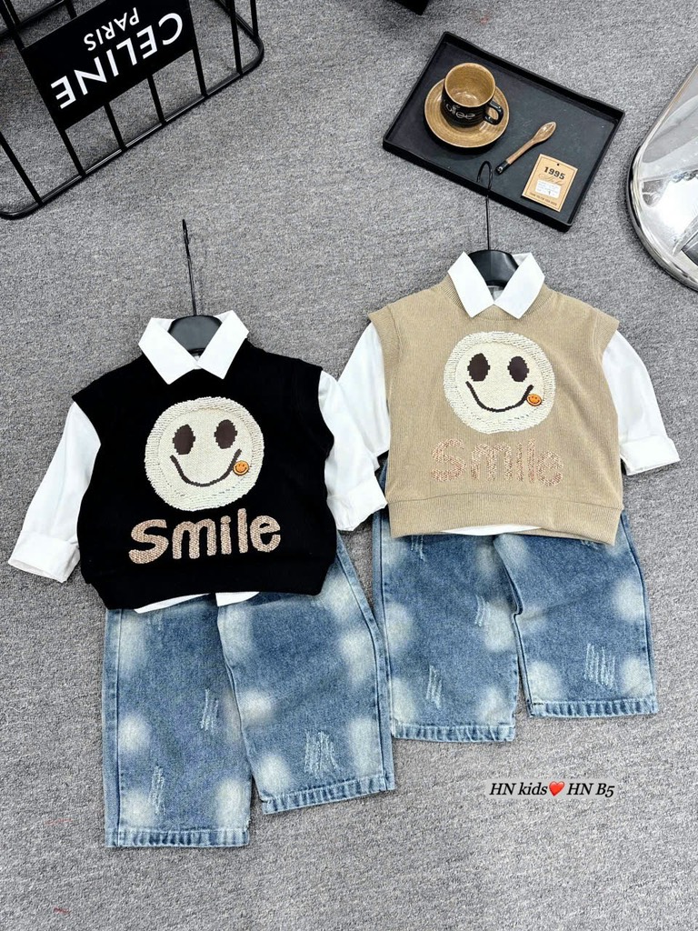 T276-Set sơ mi gile nâu mặt cười quần jean