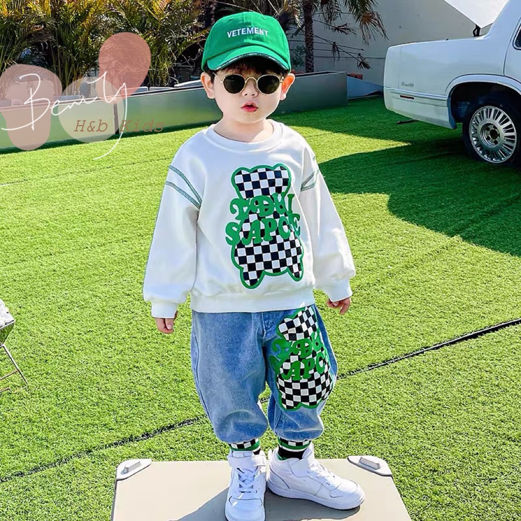 BTN007-Set áo sweater gấu caro q jean (XẢ)