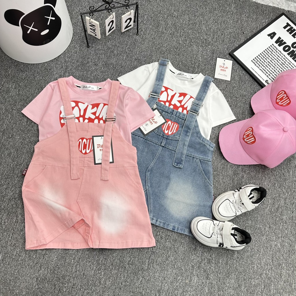 G100-Set 3ct áo yếm jean kèm mũ (10-30kg)
