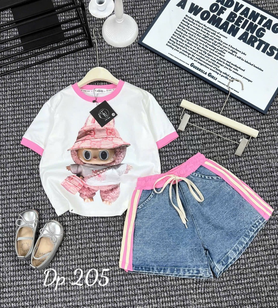 G266-Set áo cotton quần jean đùi labubu