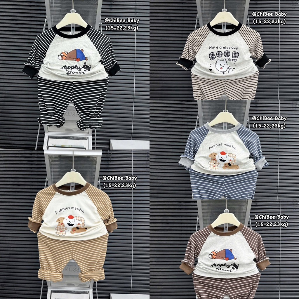 T490-Bộ zip dài kẻ chó bé trai (16.23.561)