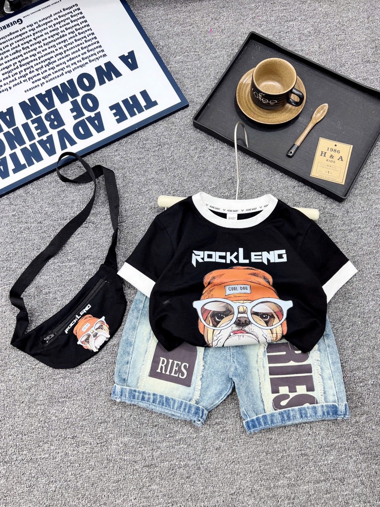T278-Set áo cotton chó quần jean kèm túi