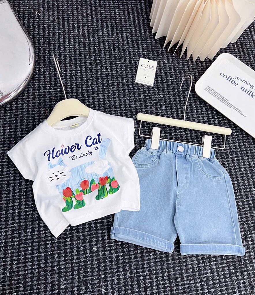 G574-Set áo SN mèo xanh jean ngố (08.20.385)