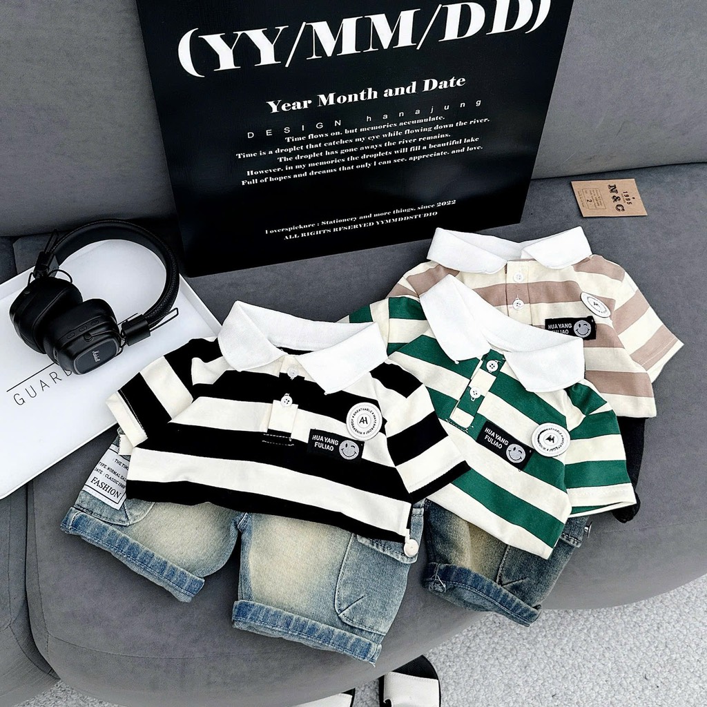 T221-Set áo cá sấu kẻ quần jean đùi bé trai