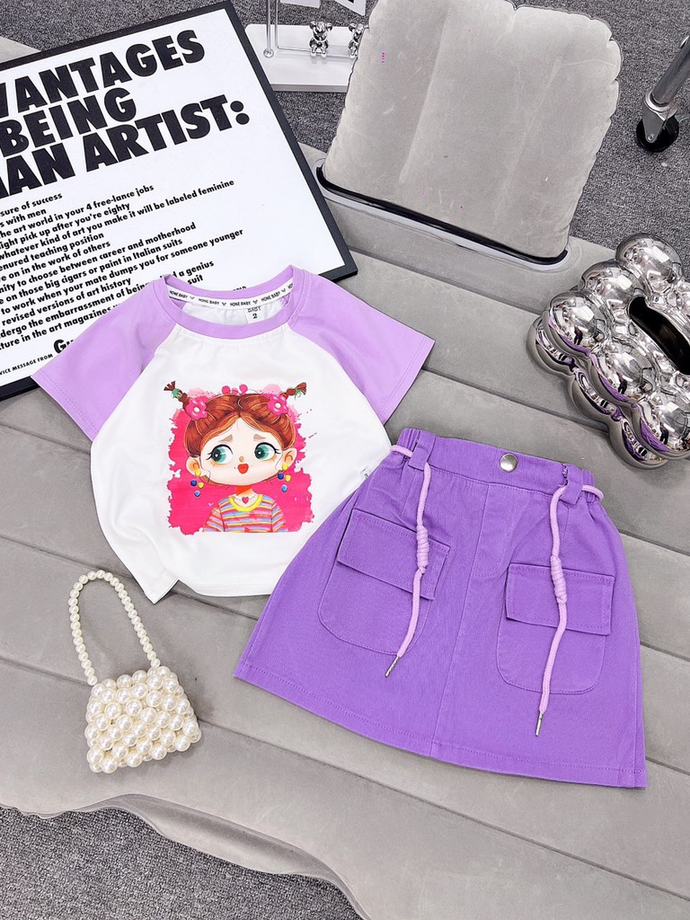 G077-Set áo phối bé tóc xù cv kaki
