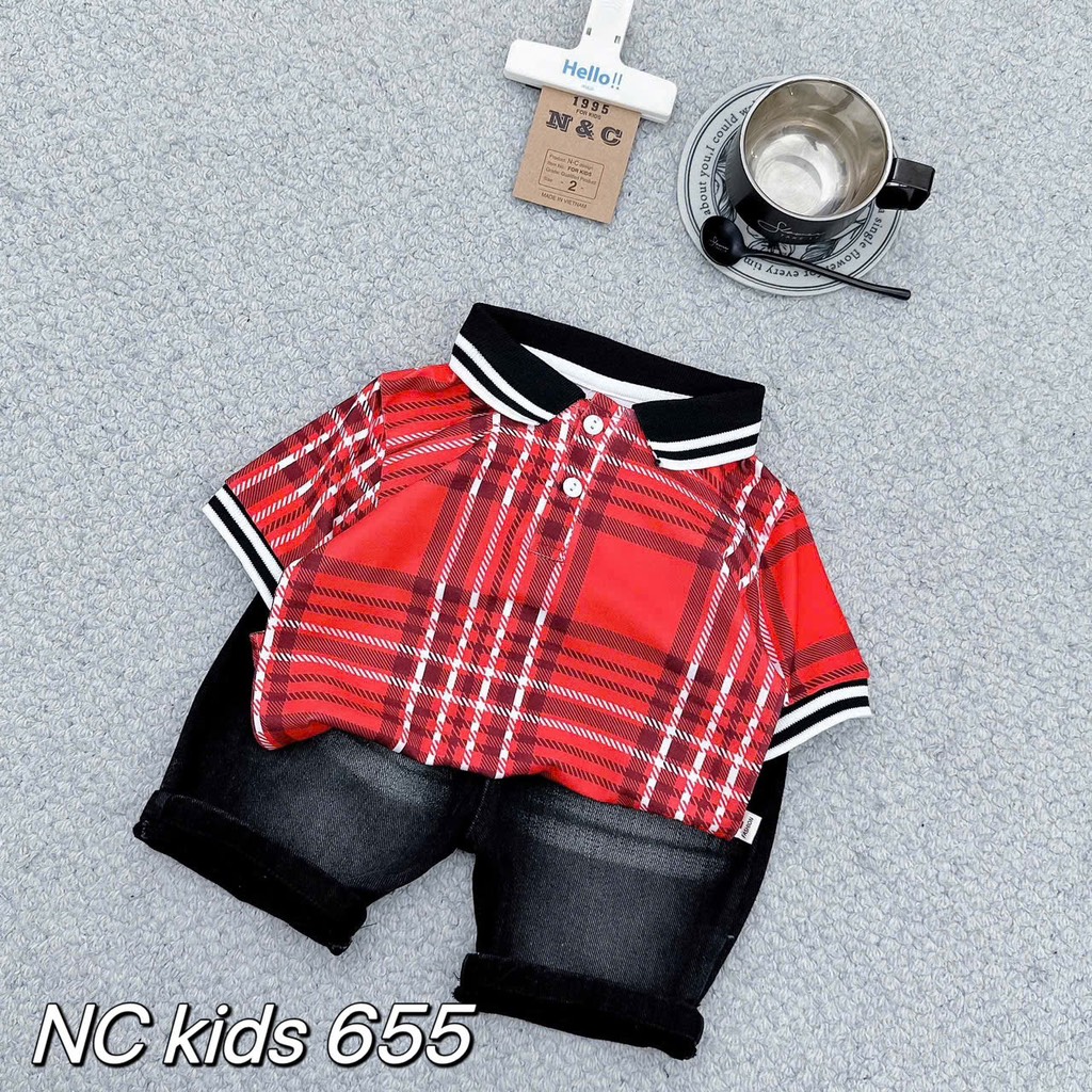 T266-Set jean áo polo caro đỏ 10S1-10