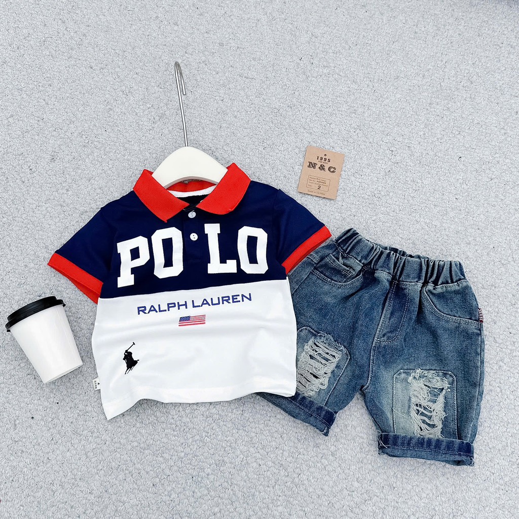T277-Set POLO cổ bẻ phối xanh đỏ quần jean