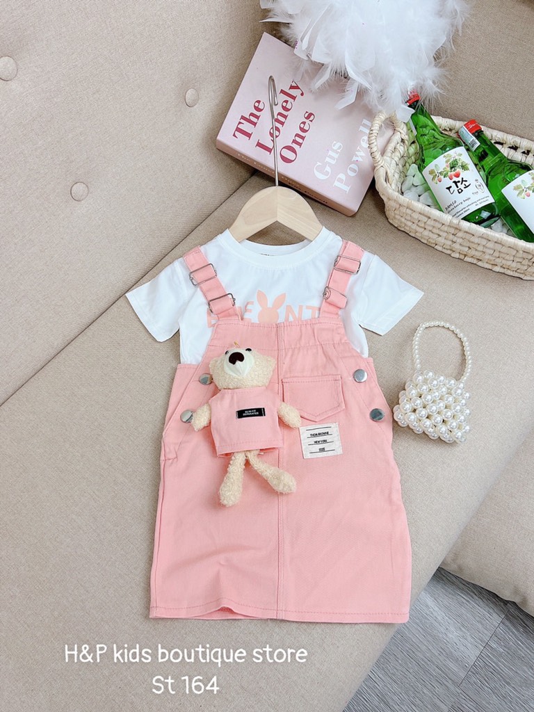 G081-Set áo cotton yếm gấu hồng đại