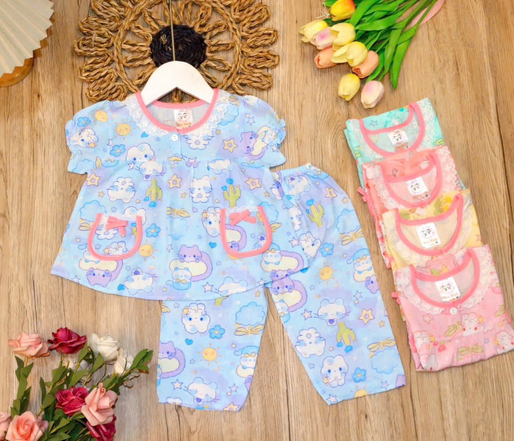 B609-Bộ lanh tay ngắn quần dài bé gái S1/12 (07.10kg)