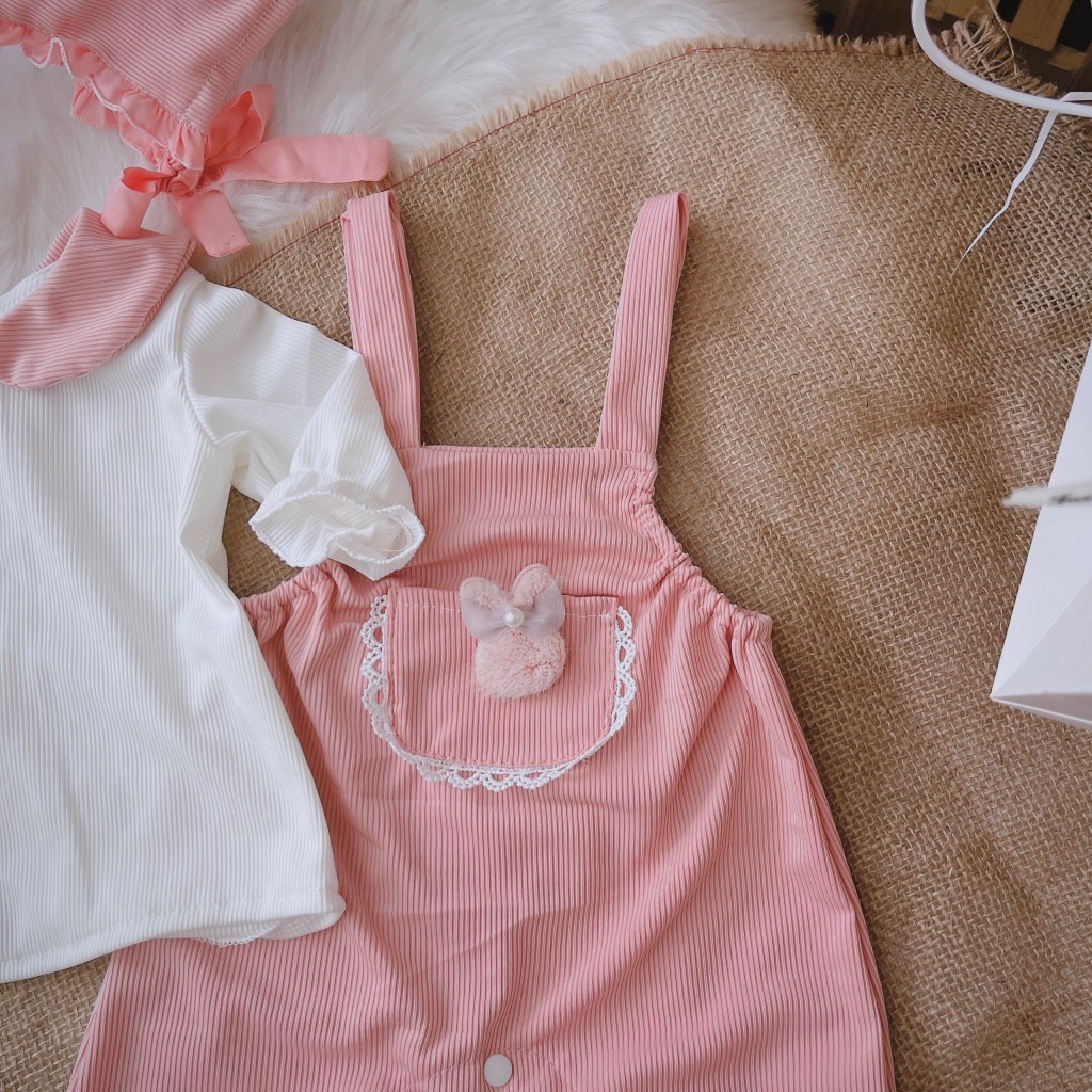 G065-Bodysuit 3 món áo yếm mũ hồng