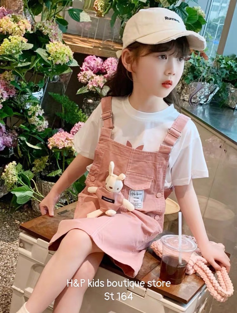 G081-Set áo cotton yếm gấu hồng đại