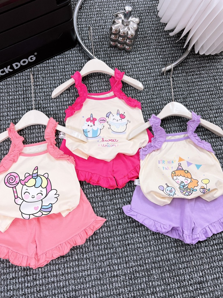 G139-Bộ cotton 2 dây bèo hoạt hình bé gái (6-14kg)