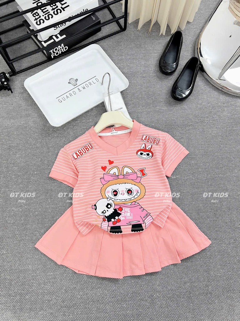 G217-Set áo tim kẻ cv xếp ly labubu
