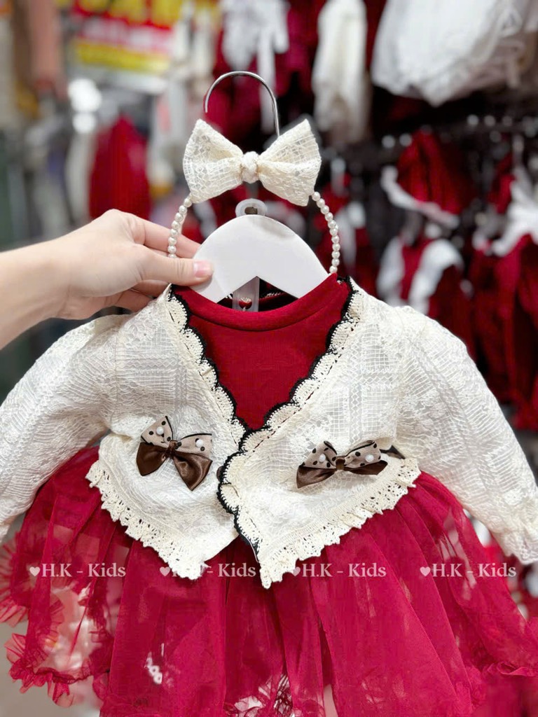 BD064-Váy body khoác ren kèm bờm nơ