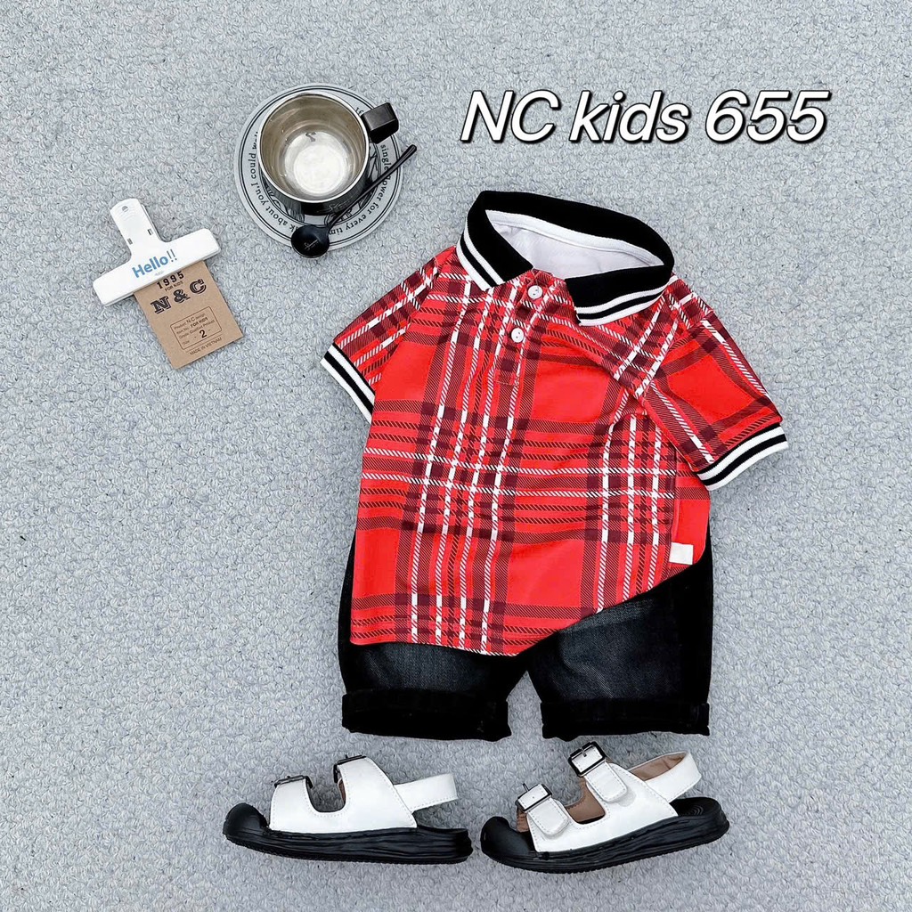 T266-Set jean áo polo caro đỏ 10S1-10