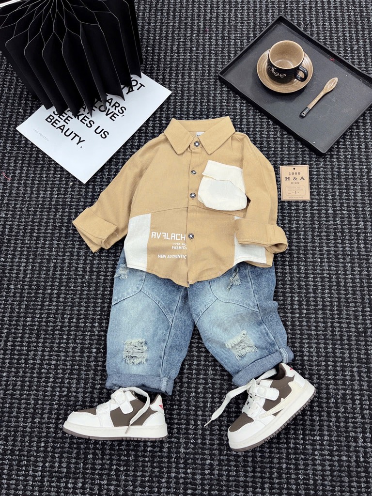 T247-Set sơ mi đũi túi hộp quần baggy jean