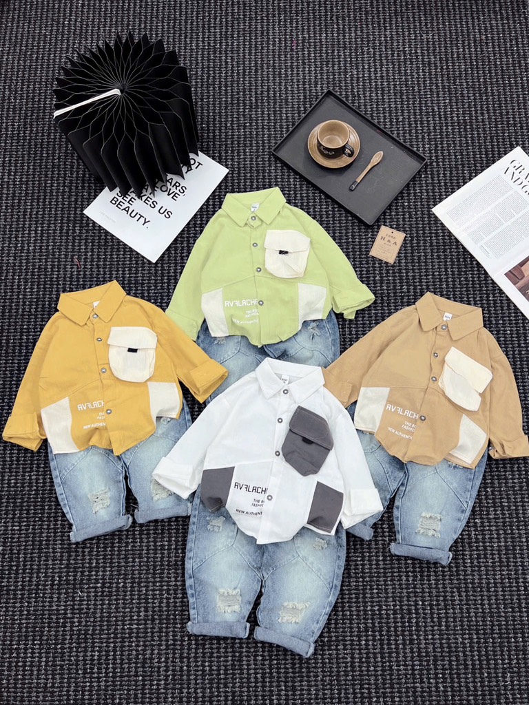 T247-Set sơ mi đũi túi hộp quần baggy jean